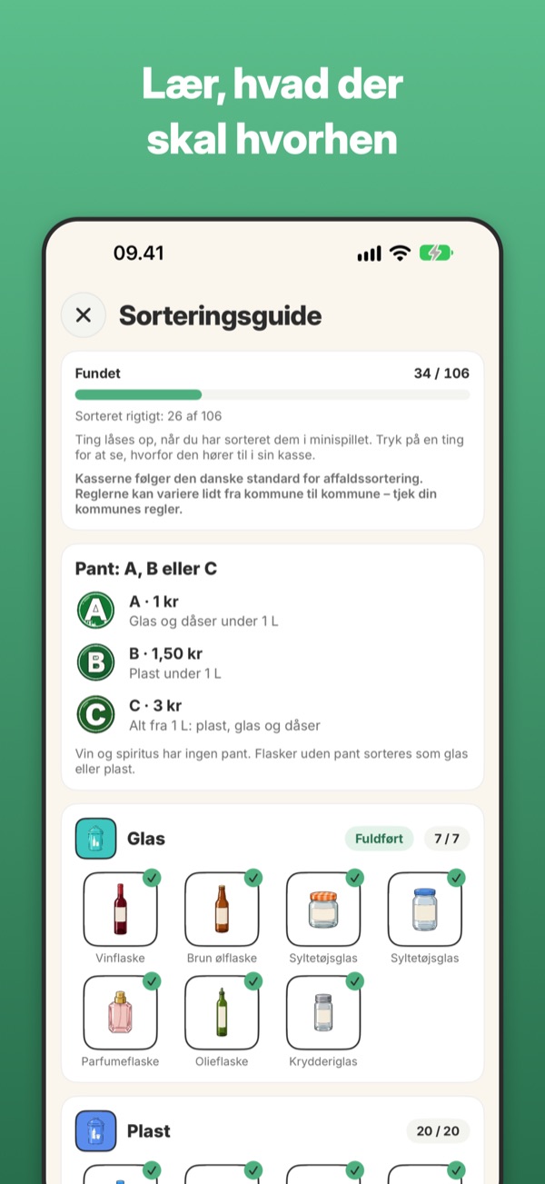 Lær, hvad der skal hvorhen: sorteringsguiden med de ti danske affaldstyper.