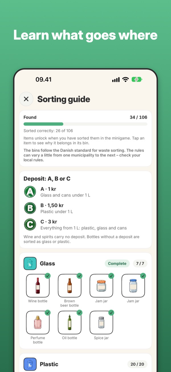 Learn what goes where: the sorting guide with the ten Danish waste types.